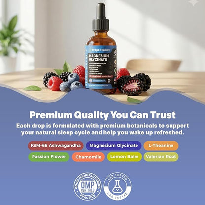 Magnesium Glycinate & Ashwagandha Liquid Drops with Valerian Root, Chamomile, Passion Flower, Lemon Balm & L-Theanine - Vegan Fast Absorption - Supplement for Wellness & Relaxation (Mixed Berry, 60mL)