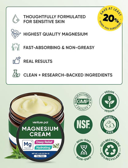 Venture Pal Topical Magnesium Cream, Fast-Absorbing Magnesium Moisturizing Lotion with Coconut Oil, Shea Butter & Hyaluronic Acid, Suitable for Kids