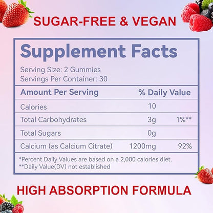 Calcium Citrate Gummies, Chewable 1200mg Calcium Gummies for Women & Men, Calcium Supplement for Muscle & Immune Support, High Absorption, Sugar Free, Mixed Berry Flavor, 60 Count
