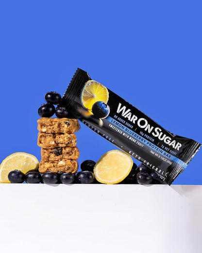 War on Sugar Lemon Blueberry - High Protein Bars, No Sugar Added, 15g Protein, 7g Net Carbs, Keto Friendly, Gluten Free, All-Natural Ingredients, Monk Fruit Sweetened, No Crash - 12 Count Box