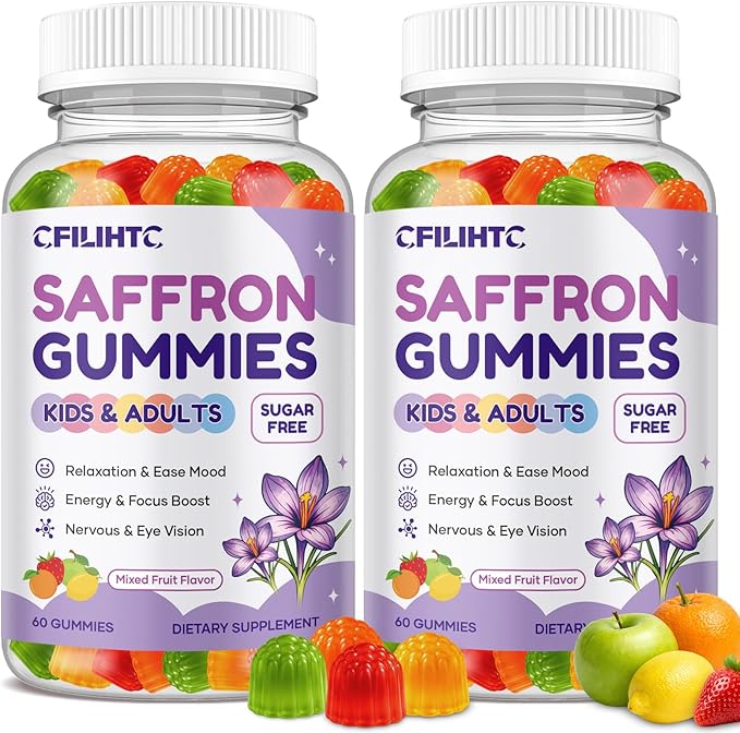 Saffron Gummies for Kids & Adults, 20-in-1 Saffron Supplements with 88.5mg Saffron Extract, B6, B12, C, D3, Magnesium for Calm, Focus, Nerve, Sugar Free, Vegan, Non-GMO, Mixed Fruit Flavor, 120 Counts