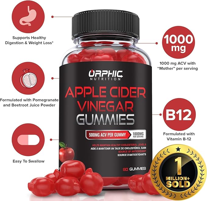 ORPHIC NUTRITION Apple Cider Vinegar Gummies - 1000mg - ACV Weight Loss Gummies - Supports Digestion, Detox & Cleansing - VIT B12, Beetroot - Gomitas de Vinagre de Manzana (60 pcs)