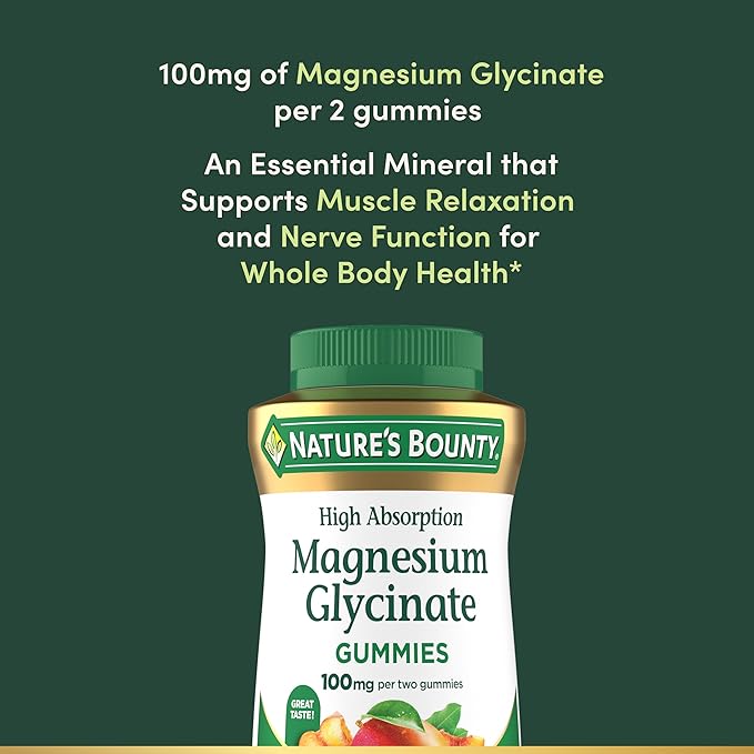 Nature’s Bounty High Absorption Magnesium Glycinate Gummies, 100 mg Magnesium Per Serving, Whole Body Health, No Stick Gummy, Peach Mango Flavor – Vegetarian & Gluten Free – 60 Count/30 Servings