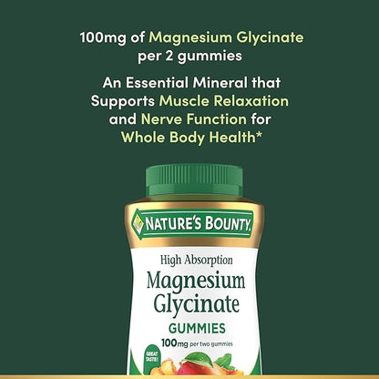 Nature’s Bounty High Absorption Magnesium Glycinate Gummies, 100 mg Magnesium Per Serving, Whole Body Health, No Stick Gummy, Peach Mango Flavor – Vegetarian & Gluten Free – 60 Count/30 Servings