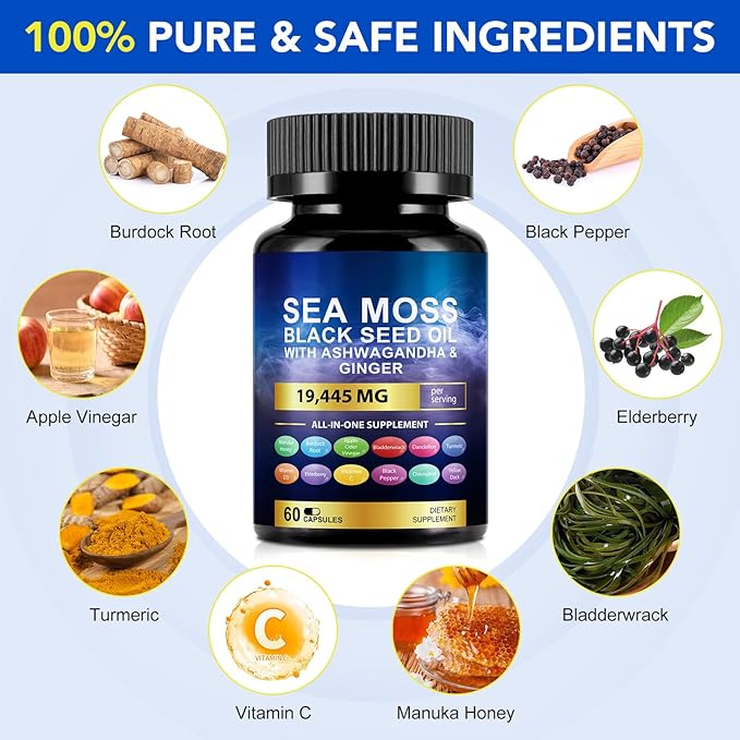 Sea Moss Black Seed Oil Ashwagandha Ginger Turmeric Capsules, Sea Moss Gummies Supplement with Burdock Root Bladderwrack Vitamin C Vitamin D3 Yellow Dock Iodine Chlorophyll ACV - 60 Count