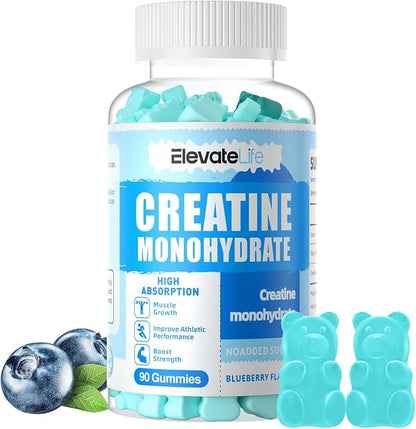 ElevateLife Creatine Monohydrate Gummies for Men & Women, Chewables Creatine Monohydrate for Muscle Strength, Muscle Builder, Energy Boost, Pre-Workout Supplement(90 Count)-Blueberry
