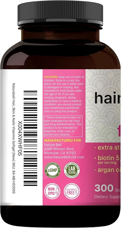 NatureBell Hair, Skin & Nails* Vitamins for Women – 5000mcg Biotin, Collagen, Keratin, Hyaluronic Acid, Argan Oil & B‑Complex – 21‑in‑1 Formula with MCT Oil, 300 Softgels (100 Days Supply)