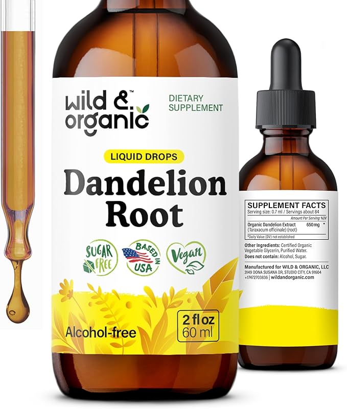 Wild & Organic Dandelion Root Supplement - Liver Detox Cleanse Support - Dandelion Root Tincture - Add to Tea - Herbal Liver Supplement - Vegan, Sugar & Alcohol-Free Liquid Extract Drops - 2 fl oz