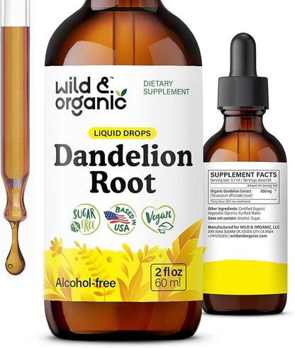 Wild & Organic Dandelion Root Supplement - Liver Detox Cleanse Support - Dandelion Root Tincture - Add to Tea - Herbal Liver Supplement - Vegan, Sugar & Alcohol-Free Liquid Extract Drops - 2 fl oz