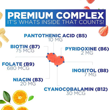 Vitamin B Complex Gummies - Extra Strength Super B Vitamin Gummy with Vitamin C For Immune Support - Energy Support Supplements with Folic Acid, Niacin, B6, B12 & Biotin for Men & Women - 60 Gummies