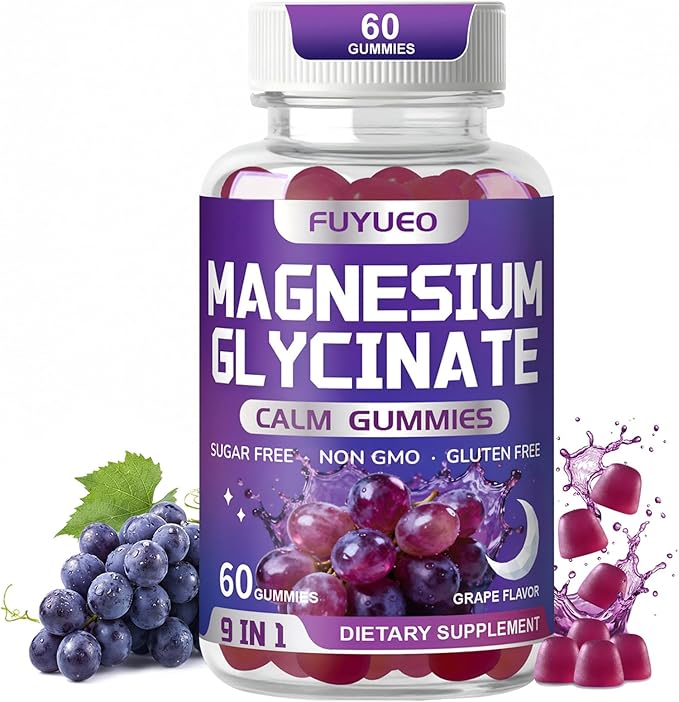 Magnesium Glycinate Gummies, Sugar Free, High Absorption, Gentle on Stomach, Chewable, Grape Flavor, 60 Count (Pack of 1)