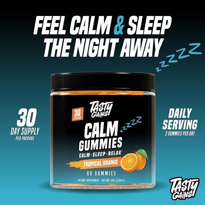 TASTY GAINS Magnesium Gummies – Sugar-Free Calm Gummies for Adults & Kids – Stress Relief, Sleep Support & Mood Booster – with L-Theanine, Magnesium Citrate & Lemon Balm – 60 Chews