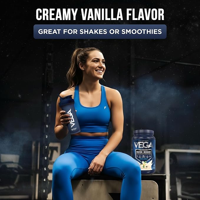 Vega Sport Vegan Protein Powder + Recovery - 30g Plant Based Protein per Serving, Vanilla, 20 Servings, 5g BCAAs, Probiotics, NSF Certified, for Shakes & Smoothies, 1.8lbs (Packaging May Vary)