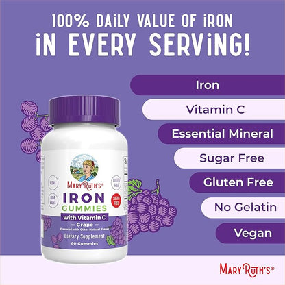 MaryRuth's Iron Gummies for 14+ with Vitamin C for Absorption | Sugar Free | Gummy Iron Supplement + VIT C | Energy Metabolism | Cellular Health | Immune Support | Vegan | Non-GMO | 60 Count