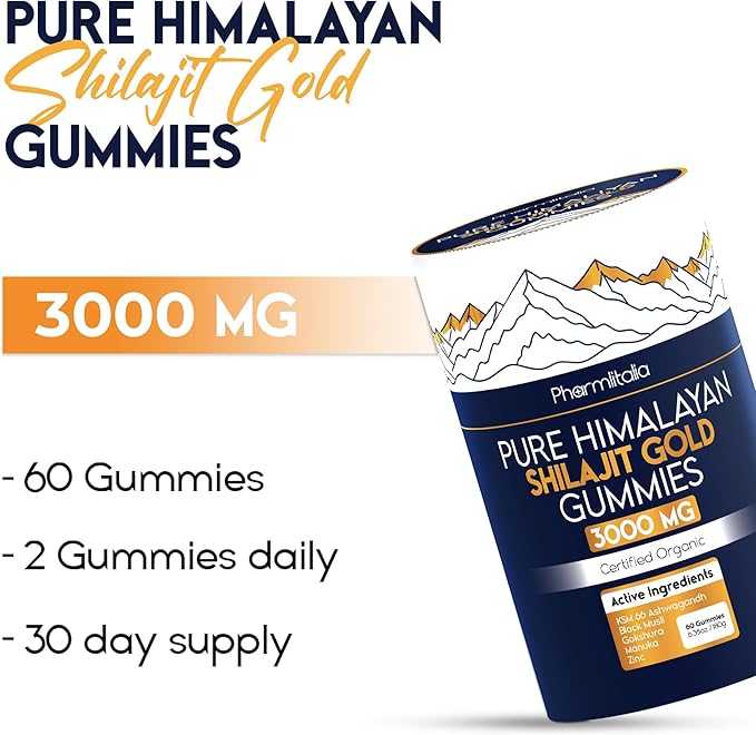 Shilajit Gummies - Himalayan Natural Shilajit Gummies 3000mg - Zinc, Ashwagandha - Natural - No Added Sugar - 60 Count