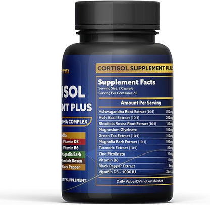 11in1 Cortisol Plus Supplement, 11in1 Ashwagandha and Natural Herbal Complex Vitamin Blend for Daily Mood, Focus and Sleep, Suitable for Women and Men 60 Capsules