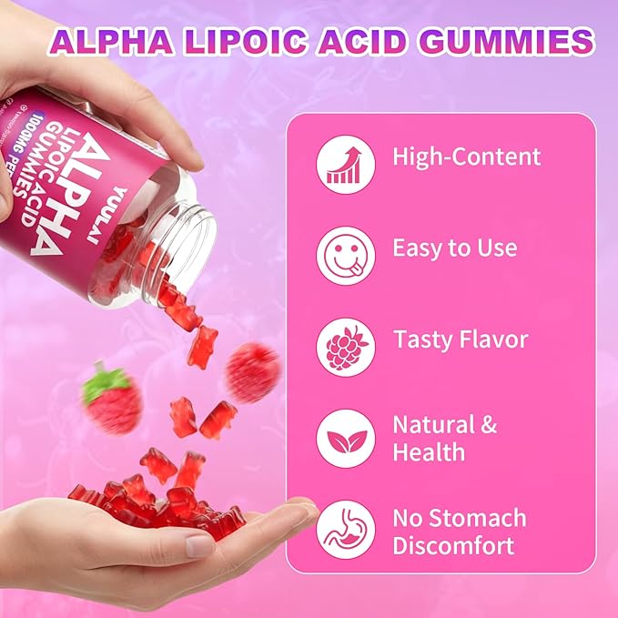 Pack of 2 Alpha Lipoic Acid Gummies 1000MG with Biotin, High Absorption Chewable ALA Supplement for Antioxidant, Brain Health and Nerve Support, Raspberry Flavor, 120Count
