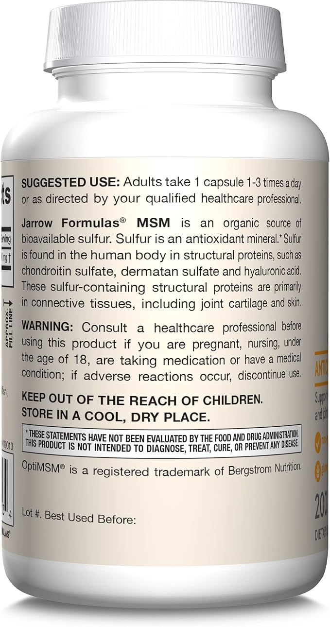 Jarrow Formulas MSM 1000 mg - 200 Veggie Capsules - Methylsulfonylmethane - Source of Sulfur - Dietary Supplement Supports & Strengthens Joints - Up to 200 Servings
