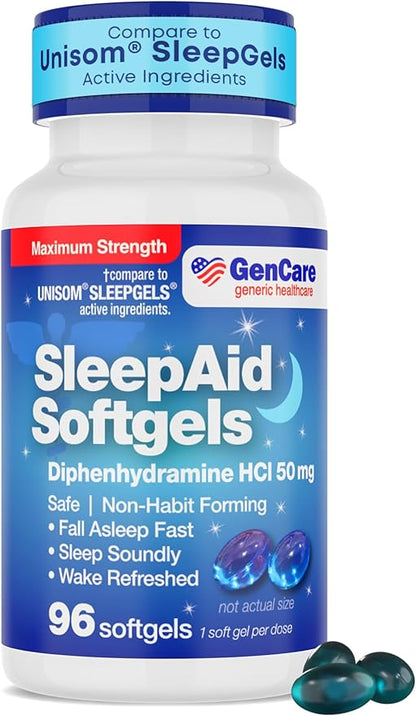 GenCare Maximum Strength Nighttime Sleep Aid Supplement for Adults Deep Sleep Pills with Diphenhydramine HCl 50mg to Fall Asleep Faster- Strong Non-Habit Forming PM Sleeping Relief [96 Softgels]