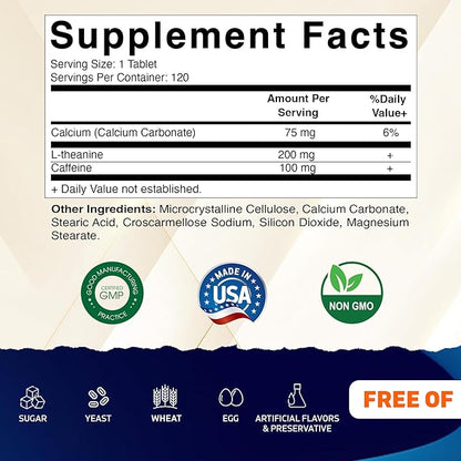 Vitamatic L-Theanine 200mg with Caffeine 100mg – 120 Vegetarian Tablets Nootropic Supplement for Focused Energy & Mental Clarity