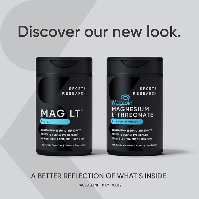 Sports Research® Magnesium L-Threonate Capsules 2000mg - High-Absorption Magtein® for Enhanced Brain Health, Memory, Focus & Restful Sleep Support - Vegan · Non-GMO · Gluten Free - 180 Count