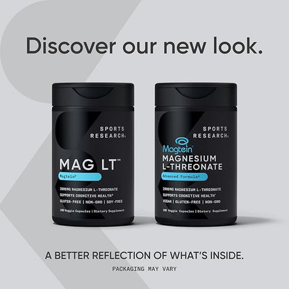 Sports Research® Magnesium L-Threonate Capsules 2000mg - High-Absorption Magtein® for Enhanced Brain Health, Memory, Focus & Restful Sleep Support - Vegan · Non-GMO · Gluten Free - 180 Count