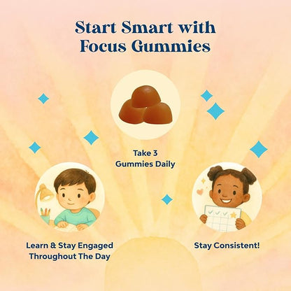 Kids Focus Gummies - Nootropics Brain Support Supplement for Kids with Green Tea Extract, B6 & B12 Vitamins for Memory and Brain Focus - Herbal Concentration Chews for Children - 90 Count