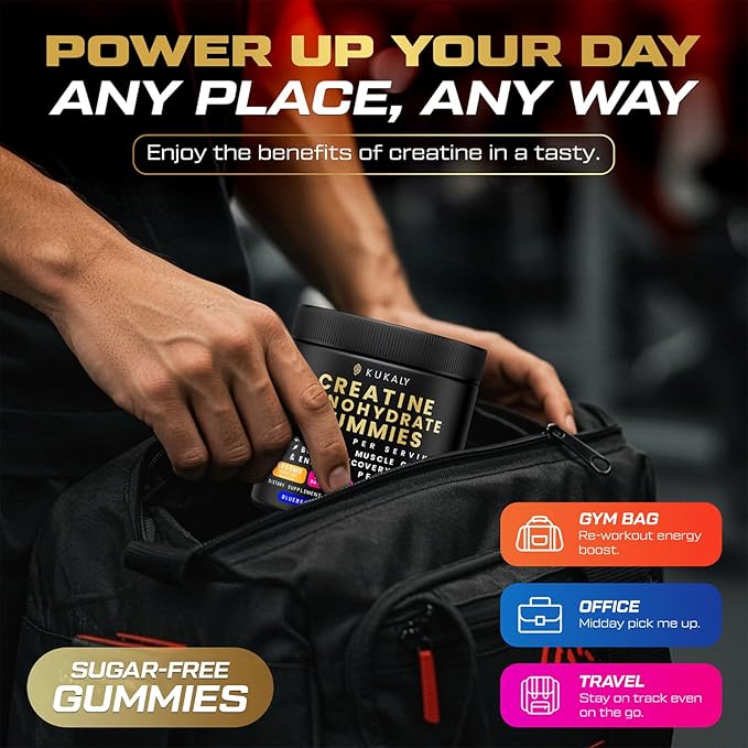 kukaly Creatine Monohydrate Gummies for Men & Women, Creatine Gummies Sugar Free, Mixed Flavored with L-Taurine, BCAA 2:1, B12 B6 for Boost Strength, Focus & Endurance, Vegan, Non-GMO, 60pcs