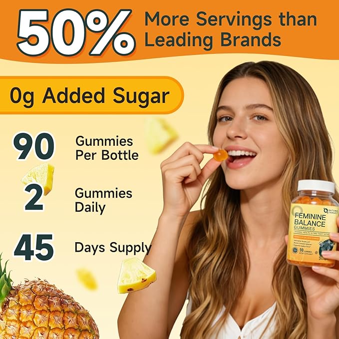 Feminine Balance Gummies, Probiotics Gummies for Women - pH Balance, Odor Control, Vaginal Flora & Digestive Health - Vaginal Probiotic with Vitamin C for Immune, Hawaiian Pineapple Flavor, 90 Gummies
