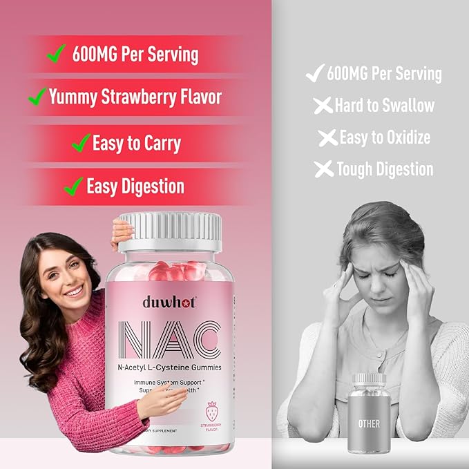 duwhot NAC Gummies 600mg, N Acetyl Cysteine Supplement NAC Chewable for Antioxidants & Immune Support, Lung & Liver Health, Natural Strawberry Flavor, 60ct