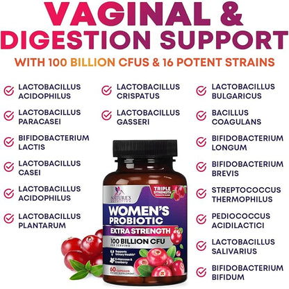 Probiotics for Women - Probiotic Blend 100 Billion CFU Per Serving - Women's Probiotic for Targeted Vaginal & Digestive Health Support - 16 Strains, Cranberry, Prebiotics - Bottled USA - 60 Capsules