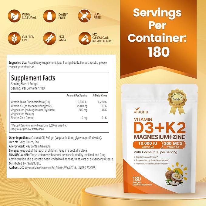 VivoNu Vitamin D3 K2 10,000 IU Magnesium Supplement – 4-in-1 with Vitamin D and K (MK-7), Magnesium Glycinate & Zinc Citrate – 180 Softgels for Energy, Bone* & Muscle* Support*