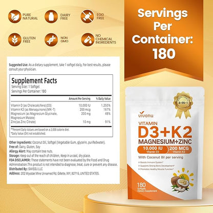VivoNu Vitamin D3 K2 10,000 IU Magnesium Supplement – 4-in-1 with Vitamin D and K (MK-7), Magnesium Glycinate & Zinc Citrate – 180 Softgels for Energy, Bone* & Muscle* Support*