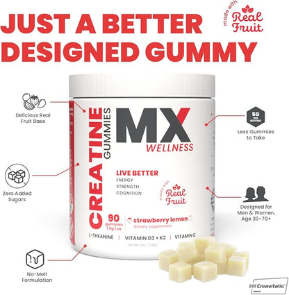 Creatine Monohydrate Gummies for Men & Women – Real Fruit Gummy Supplement for Muscle Growth, Recovery, Longevity, Cognitive Health & Memory – 90 Chews (90 Gummies, Strawberry Lemon)