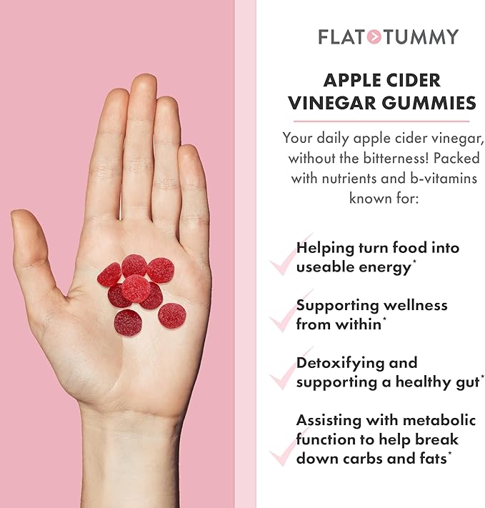 Flat Tummy Apple Cider Vinegar Gummies, 60 Count – ACV Gummies, Detox, Support Gut Health – Vegan-Friendly, Non-GMO - Beet and Pomegranate Superfood Powders, Vitamins B6, B9 & B12