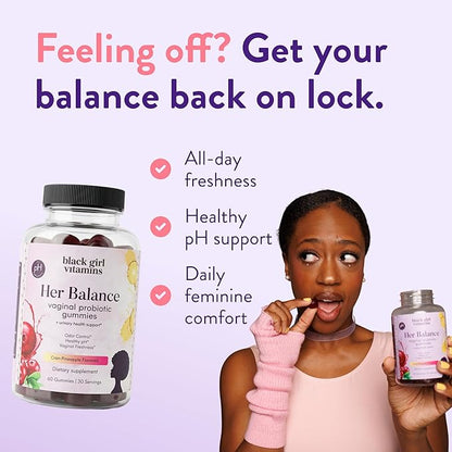Black Girl Vitamins Her Balance Vaginal Probiotic Gummies – pH Balance & Odor Support, Feminine Health + Urinary Tract Support, 2B CFU Lactobacillus, Vegan, Gluten-Free, Halal (30-Day Supply)