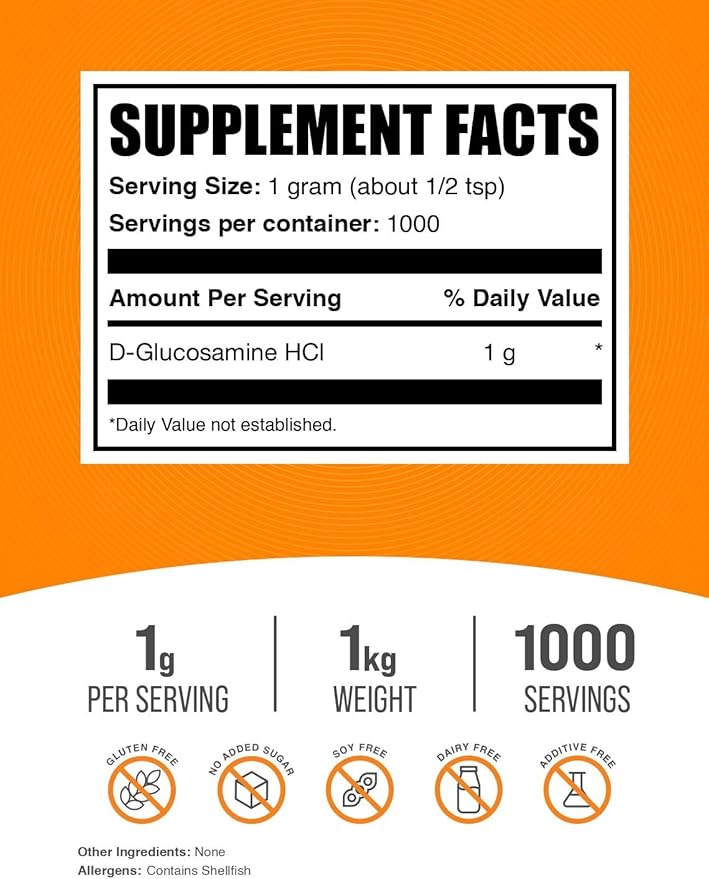 BulkSupplements.com Glucosamine HCl Powder - Glucosamine Supplement, Joint Support Supplement - Gluten Free, 1g per Serving, 1kg (2.2 lbs) (Pack of 1)
