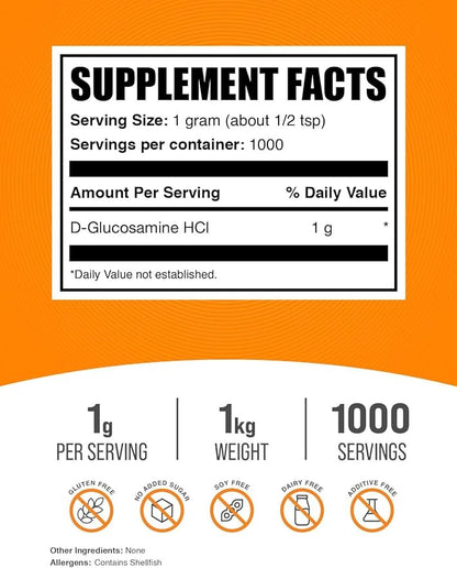 BulkSupplements.com Glucosamine HCl Powder - Glucosamine Supplement, Joint Support Supplement - Gluten Free, 1g per Serving, 1kg (2.2 lbs) (Pack of 1)