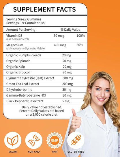 GLP-1 Magnesium Glycinate Gummies Supplements with Magnesium Malate & Taurate | Vitamin D3 Spinach | Kale | Broccoli | 90 Count with Gymnema Sylvestre, Green Tea Phytosome (Raspberry)