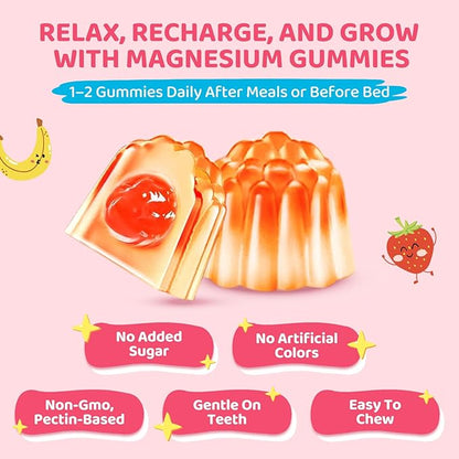 Magnesium Glycinate Gummies for Kids - Kids Magnesium Gummies, with L-Theanine, Chamomile & Multivitamins for Sleep, Calm & Focus - Strawberry Banana Center-Filled Gummies 60 ct (2 Pack)