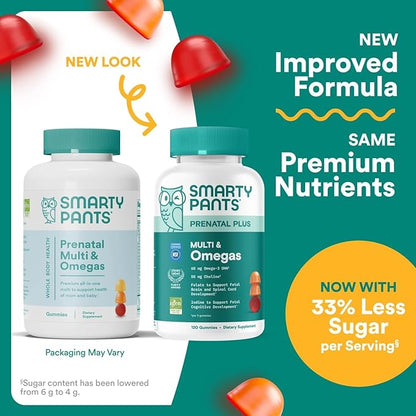 SmartyPants Prenatal Multivitamin Gummies, Omega 3 (DHA/EPA), Methylfolate, Biotin, Vitamin D3, C, Vitamin B12, B6, Vitamin A, K & Zinc, Gluten Free, 120 Count (40 Day Supply)
