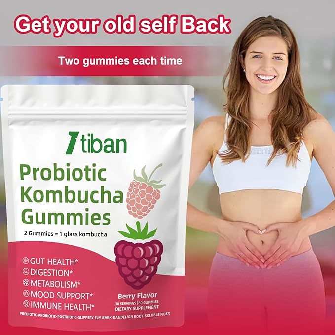 Probiotic Kombucha Gummy - Prebiotics, Probiotics, Postbiotics, Fiber Supplement, Slippery Elm for Bloating, Gut Health, Women and Men, 60ct