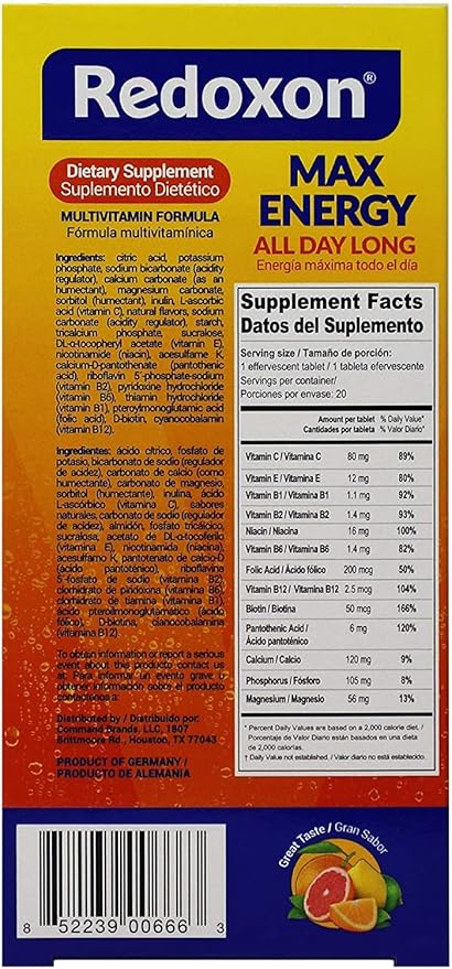 Redoxon Max Energy, Helps Support Inmune System, Citrus Flavor, 20 Effervescent Tablets, 2.82 Oz, Box