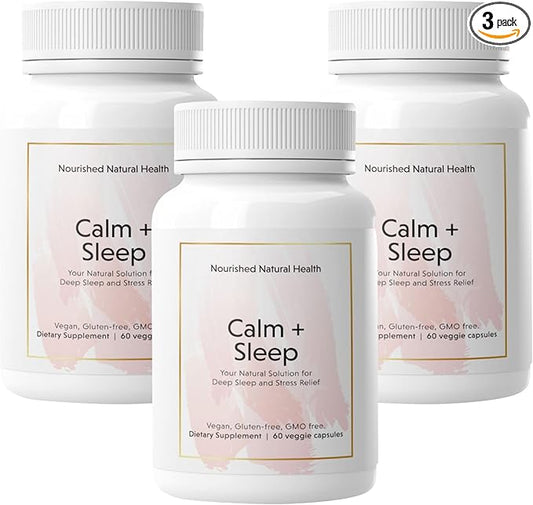Nourished Natural Health Calm + Sleep – Relaxation & Melatonin-Free Sleep Supplement for Women, Cortisol Support with Ashwagandha, L-Theanine, Magnesium & Valerian Root – Vegan & Non-GMO,180 Capsules