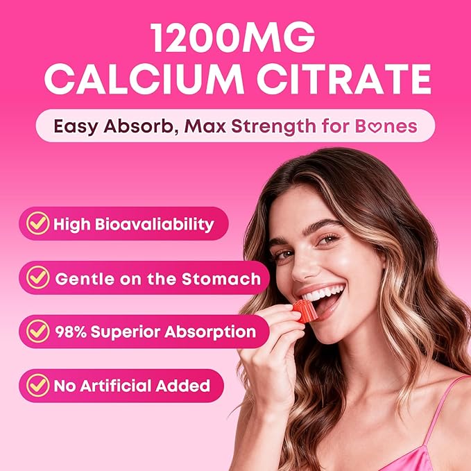 Calcium Gummies for Women, Calcium Citrate 1200mg with Vitamin D3 K2, Collagen & Biotin, B0ne, Teeth, Immune & Hormone Support, Sugar Free, Non-GMO, Gluten-Free, Strawberry Flavor, 90 Count