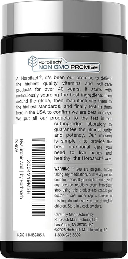 Horbäach Hyaluronic Acid Supplement | 100mg | 120 Capsules | Non-GMO, Gluten Free