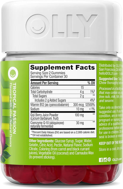 OLLY Daily Energy Gummy, Caffeine Free, Vitamin B12, CoQ10, Goji Berry, Adult Chewable Supplement, Tropical Flavor - 60 Count