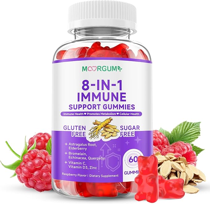 Immune Support Gummies – 8-in-1 Formula Herbal Supplements with Astragalus, Elderberry, Quercetin, Bromelain, Echinacea, Vitamin C, D3 and Zinc for Everyday Balance, Raspberry Flavor, 60 Count