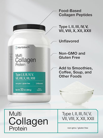 Horbaach Multi Collagen Protein Powder 32 oz | Types I, II, III, IV, V, VII, VIII, X, XII, and XXII | Grassfed Collagen Peptides | Keto & Paleo Friendly | Unflavored & Gluten Free