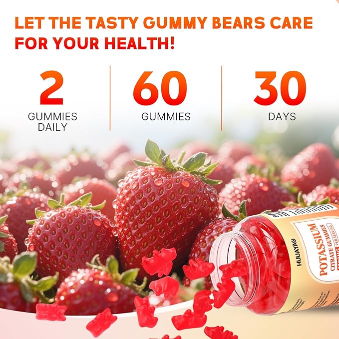 Potassium Citrate Gummies 1200mg for Adults, Women & Men Chewable Potassium Supplement for Muscle Health & Electrolyte Support Sugar Free, Strawberry Flavor, 60 Count